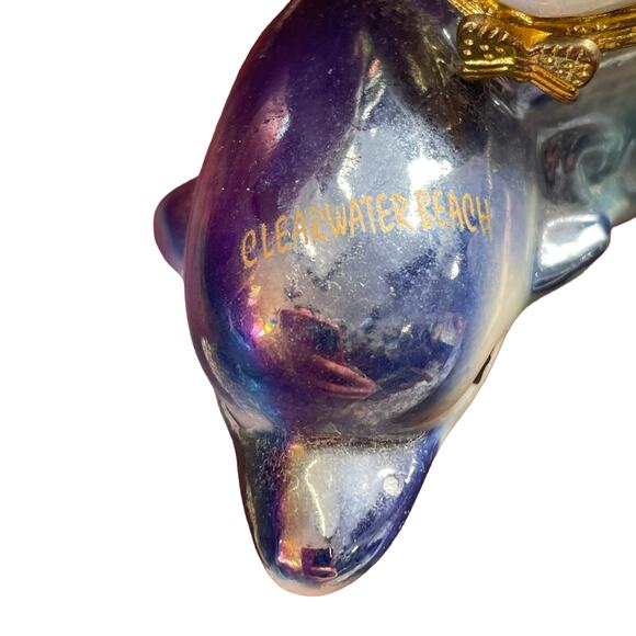 Vintage Dolphin Trinket Box Iridescent Glazed Hinged Beach Florida Nautical Sea - Picture 9 of 16